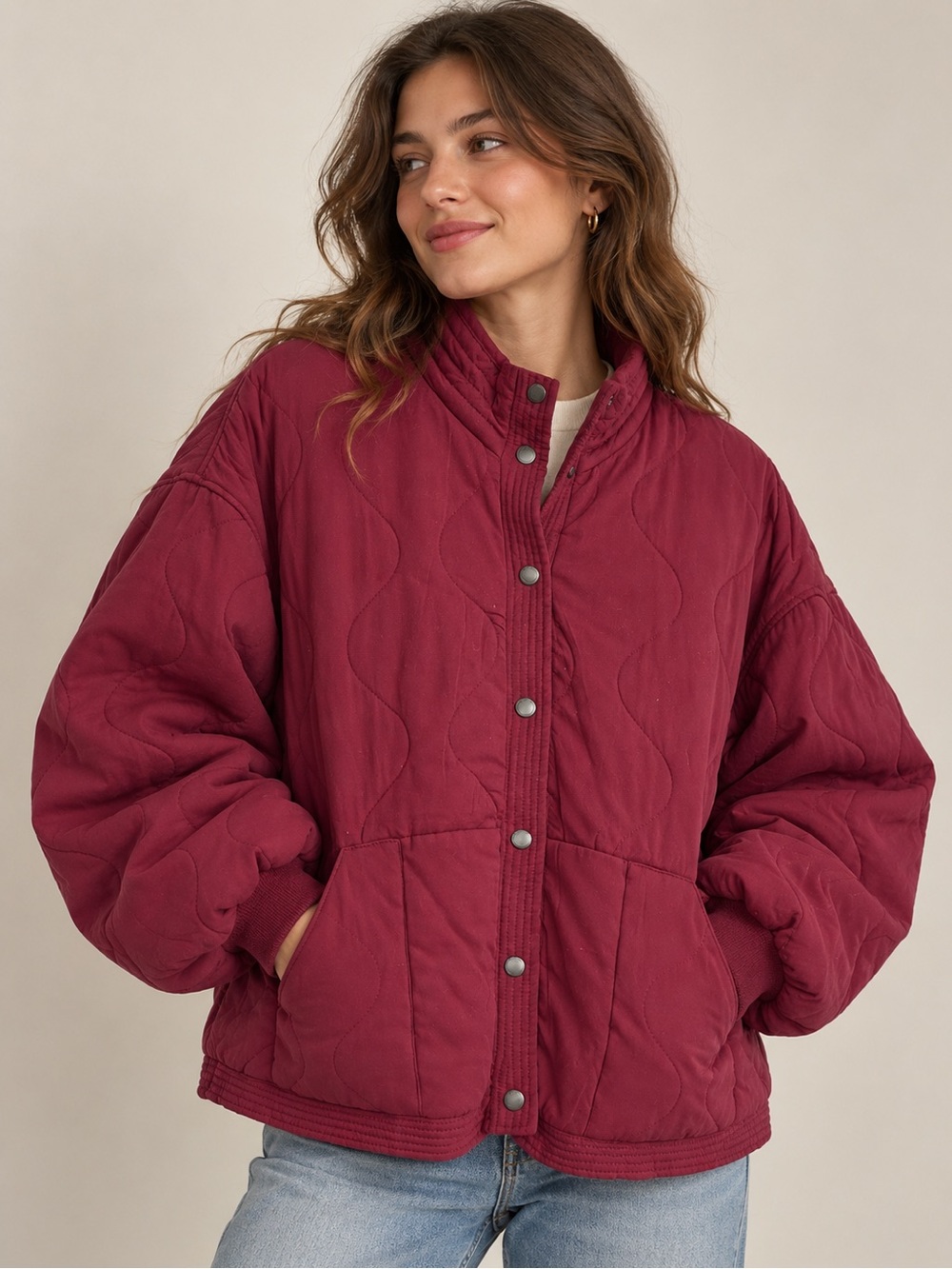 BLANKNYC Burgundy Quilted Bomber Jacket M Snap Front Oversized Coastal Preppy